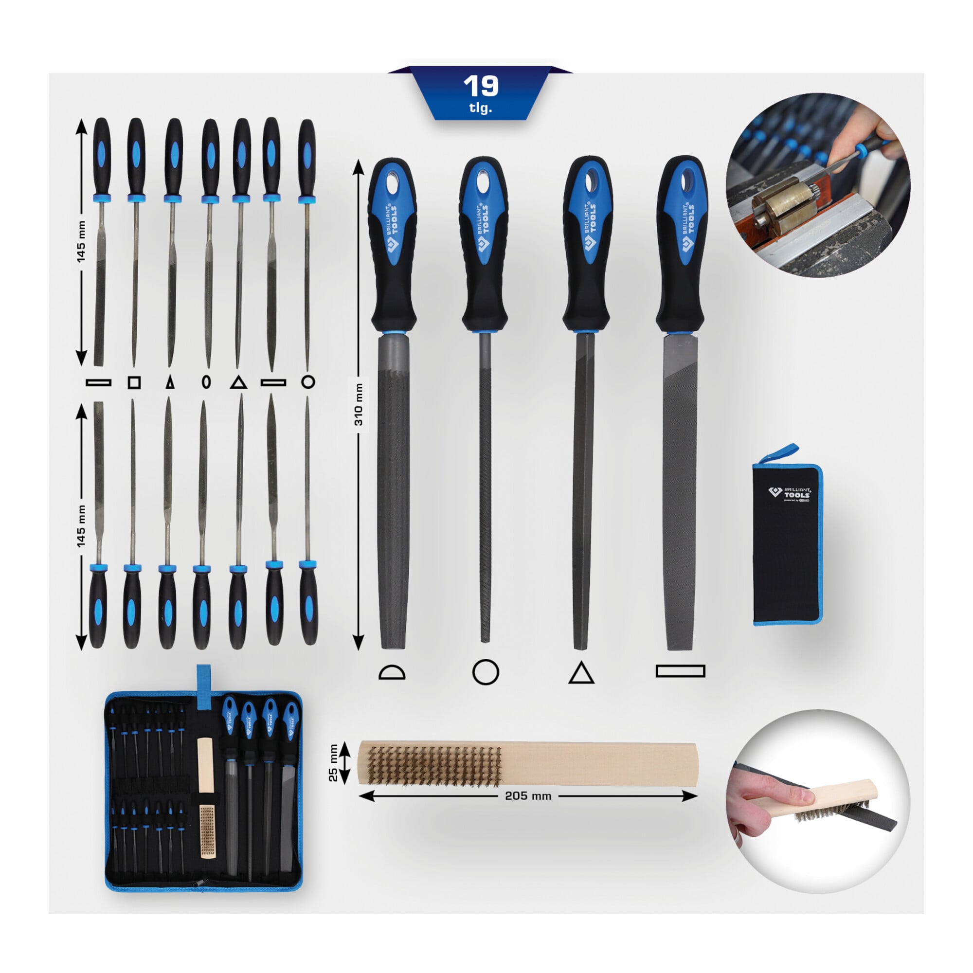 Brilliant Tools Feilen-Satz mit Feilenbürste, 19-tlg