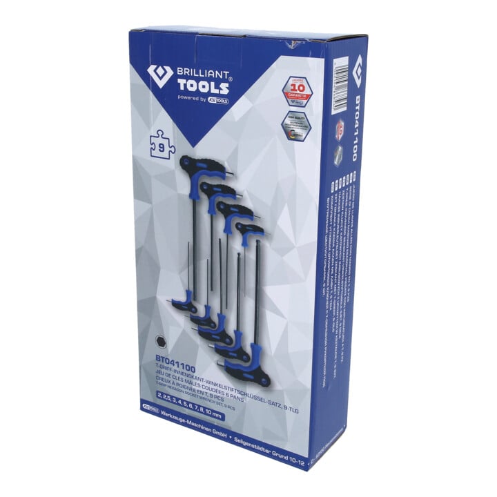 Brilliant Tools Jeu de clés mâles coudées 6 pans creux à tête sphérique à poignée en T, 9 pièces