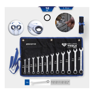 Brilliant Tools Jeu de clés polygonales à cliquet, 12 pcs, 8 - 19 mm