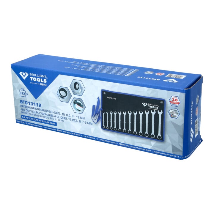 Brilliant Tools Jeu de clés polygonales à cliquet, 12 pcs, 8 - 19 mm