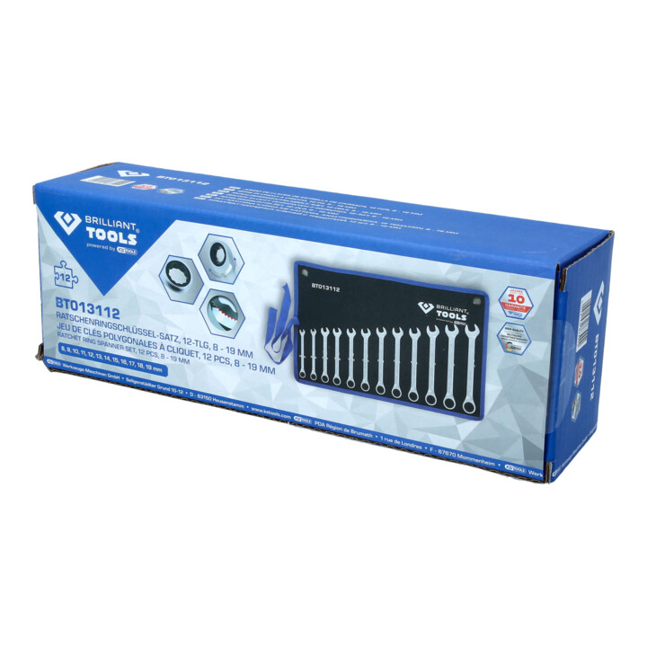 Brilliant Tools Jeu de clés polygonales à cliquet, 12 pcs, 8 - 19 mm