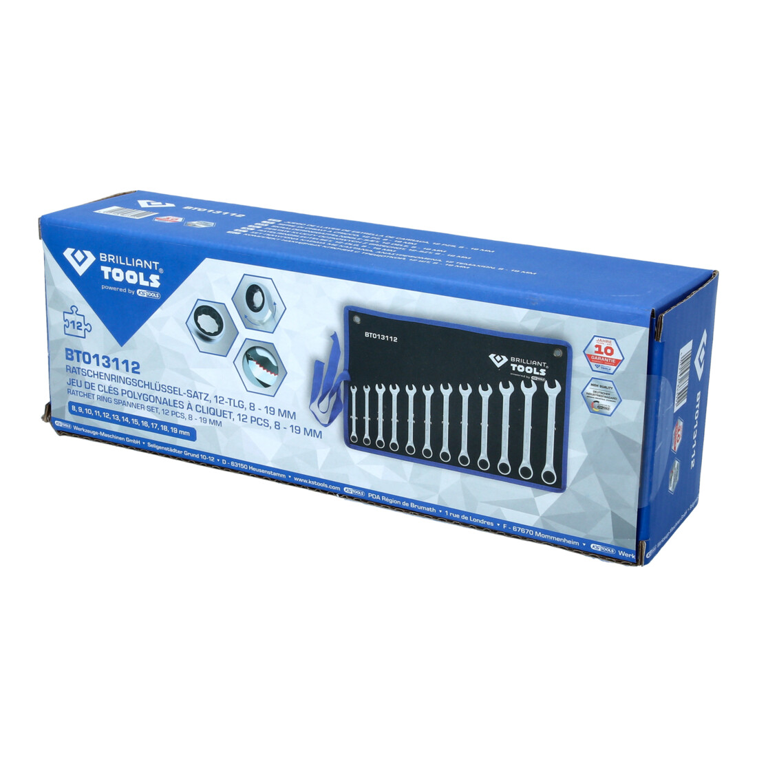 Brilliant Tools Jeu de clés polygonales à cliquet, 12 pcs, 8 - 19 mm
