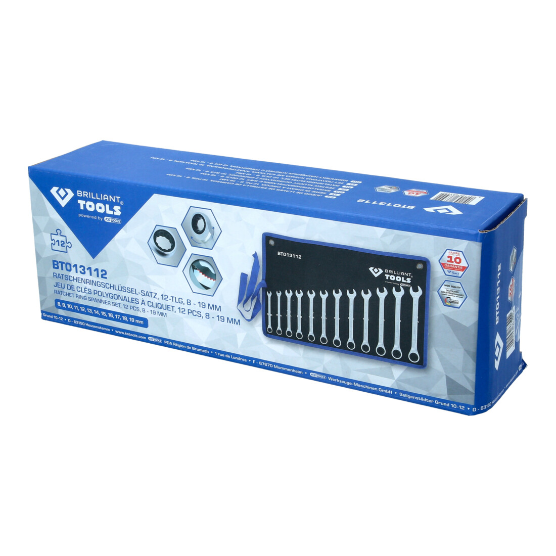 Brilliant Tools Jeu de clés polygonales à cliquet, 12 pcs, 8 - 19 mm
