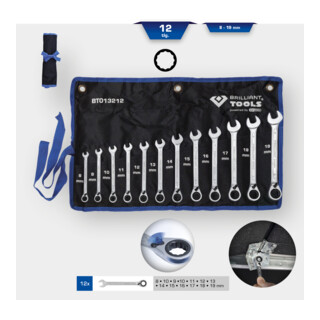 Brilliant Tools Jeu de clés polygonales à cliquet réversible, 12 pcs, 8 - 19 mm