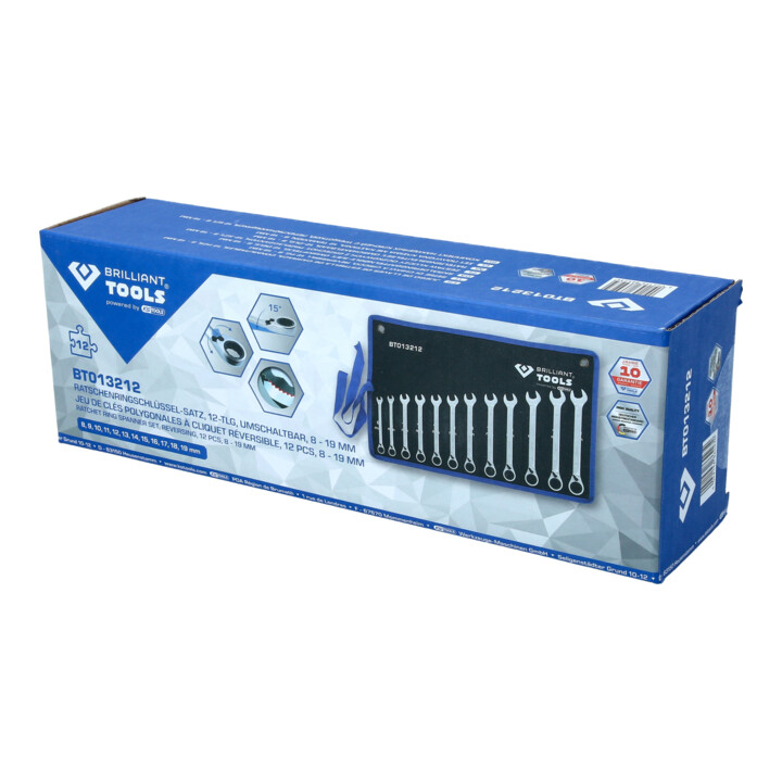 Brilliant Tools Jeu de clés polygonales à cliquet réversible, 12 pcs, 8 - 19 mm