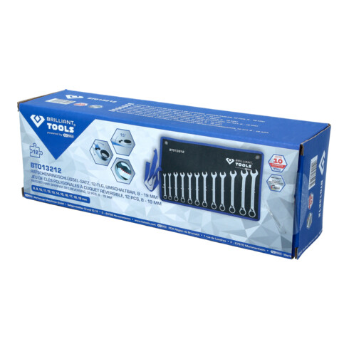 Brilliant Tools Jeu de clés polygonales à cliquet réversible, 12 pcs, 8 - 19 mm