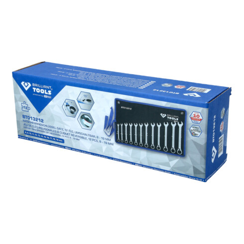 Brilliant Tools Jeu de clés polygonales à cliquet réversible, 12 pcs, 8 - 19 mm