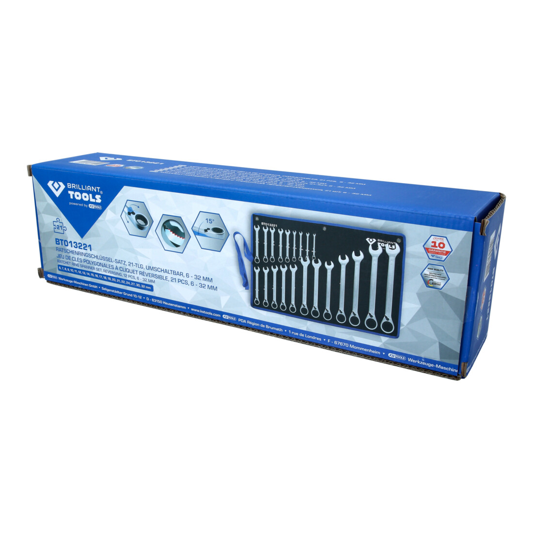 Brilliant Tools Jeu de clés polygonales à cliquet réversible, 21 pcs, 6 - 32 mm