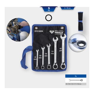 Brilliant Tools Jeu de clés polygonales à cliquet réversible, 5 pcs, 8 - 19 mm