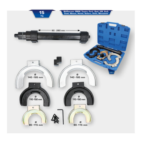 Brilliant Tools Jeu de compresseurs de ressorts, 15 pcs pour ressorts type Mc Pherson BMW, Toyota, Ford, Opel, VW, Audi, Saab, Nissan, Honda, Subaru, Volvo, Mitsubishi