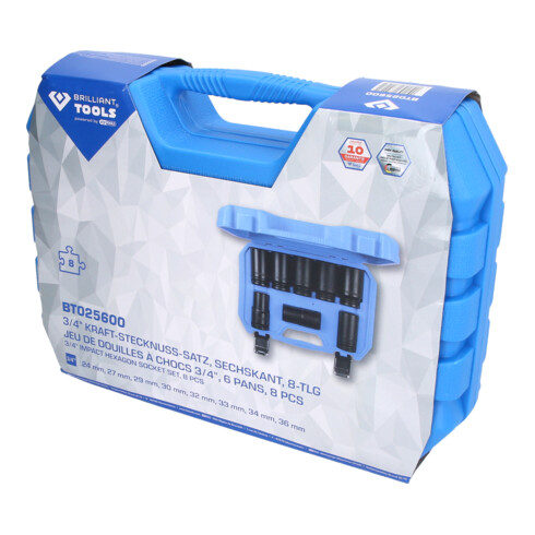 Brilliant Tools Jeu de douilles hexagonales 3/4", 8 pcs, longues, 24 - 36 mm