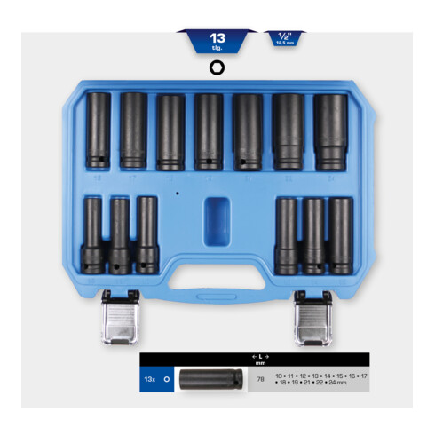 Brilliant Tools Jeu de douilles hexagonales longues 1/2", 13 pcs, 10 - 24 mm