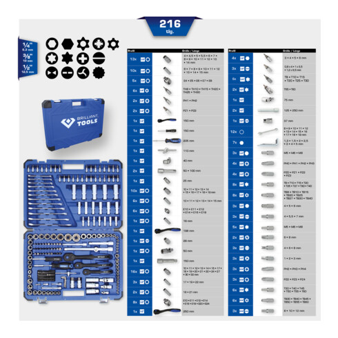 Brilliant Tools Serie di chiavi a bussola, 216pz., 1/4", 3/8", 1/2"