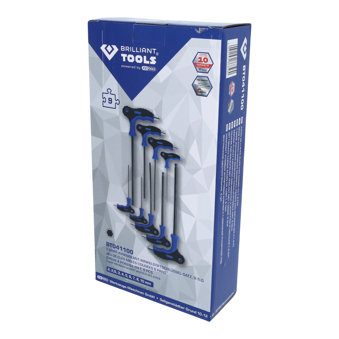 Brilliant Tools Serie di chiavi maschio piegate a esagono incassato e a testa sferica con impugnatura a T, 9pz.