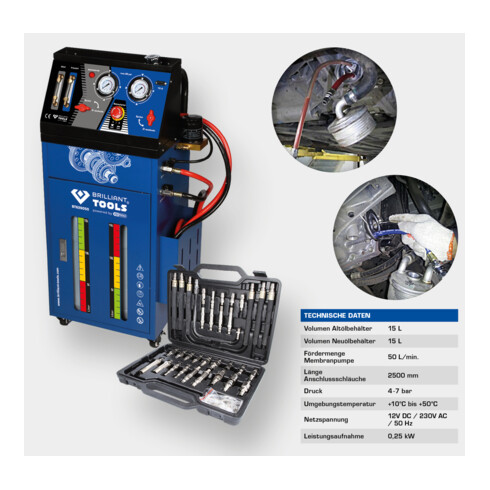 Brilliant Tools Unité de rinçage pour boîte de vitesse automatique, avec jeu d’adaptateurs 35 pcs