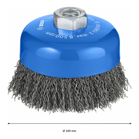 Brosse boisseau 100 mm à fils d'acier ondulés 100 mm, 0,5 mm, M14