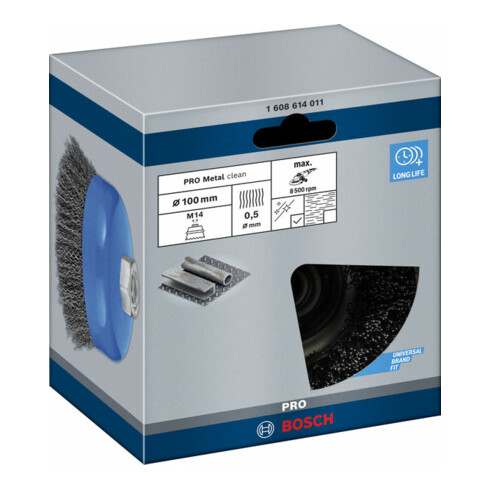 Brosse boisseau 100 mm à fils d'acier ondulés 100 mm, 0,5 mm, M14
