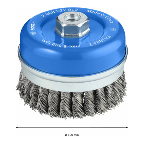 Brosse boisseau 100 mm à fils d'acier torsadés 100 mm, 0,5 mm, M14