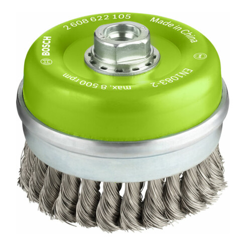 Brosse boisseau 100 mm à fils d'inox torsadés 100 mm, 0,35 mm, M14