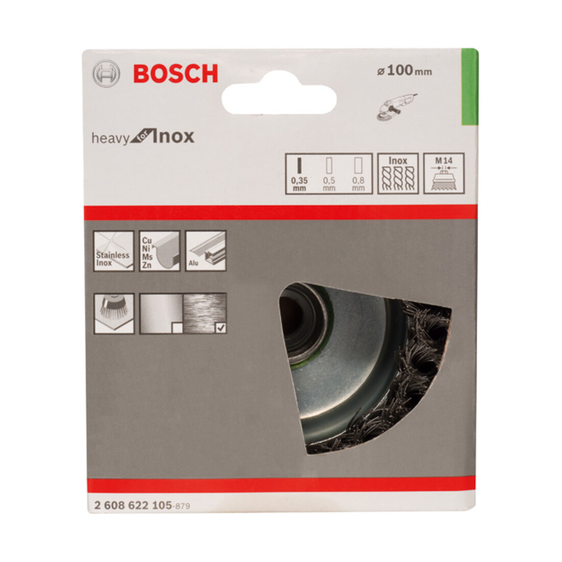Brosse boisseau 100 mm à fils d'inox torsadés 100 mm, 0,35 mm, M14