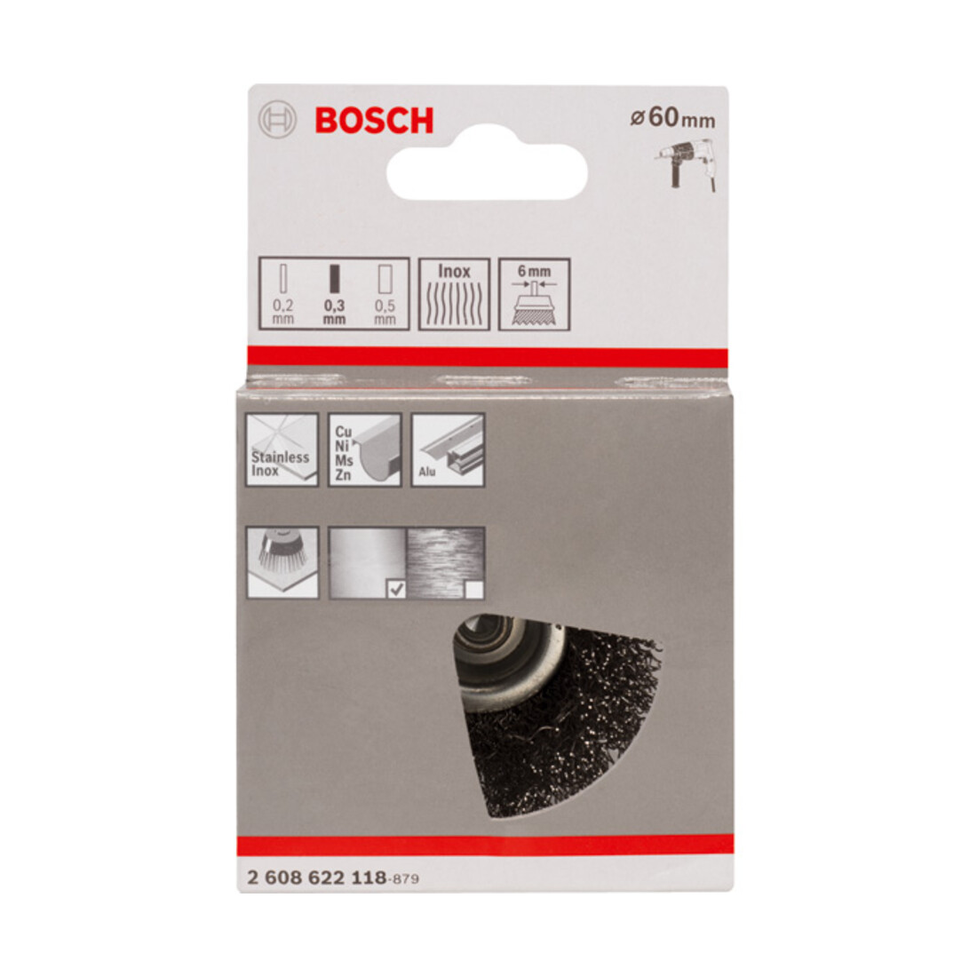 Brosse boisseau 60 mm à fils d'inox ondulés 0,3 mm 60 mm, 0,3 mm