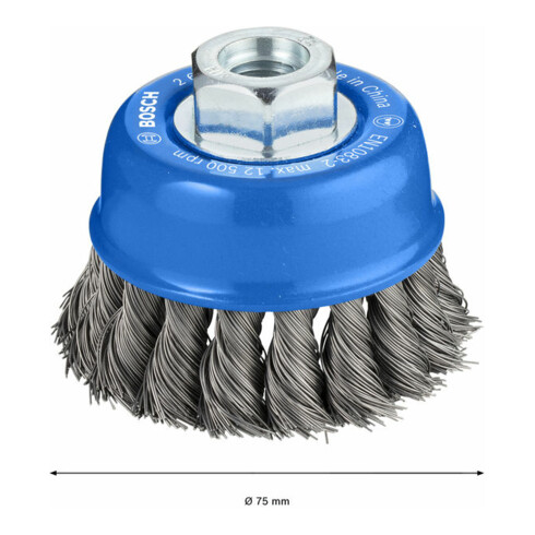 Brosse boisseau 65 mm à fils d'acier torsadés 65 mm, 0,35 mm, M14