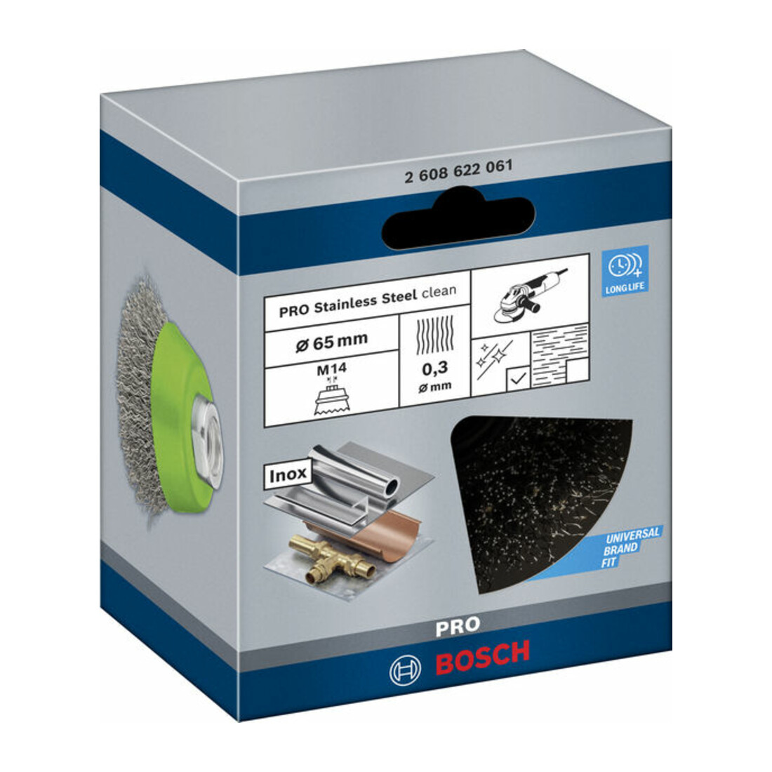 Brosse boisseau 65 mm à fils d'inox ondulés 65 mm, 0,3 mm, M14