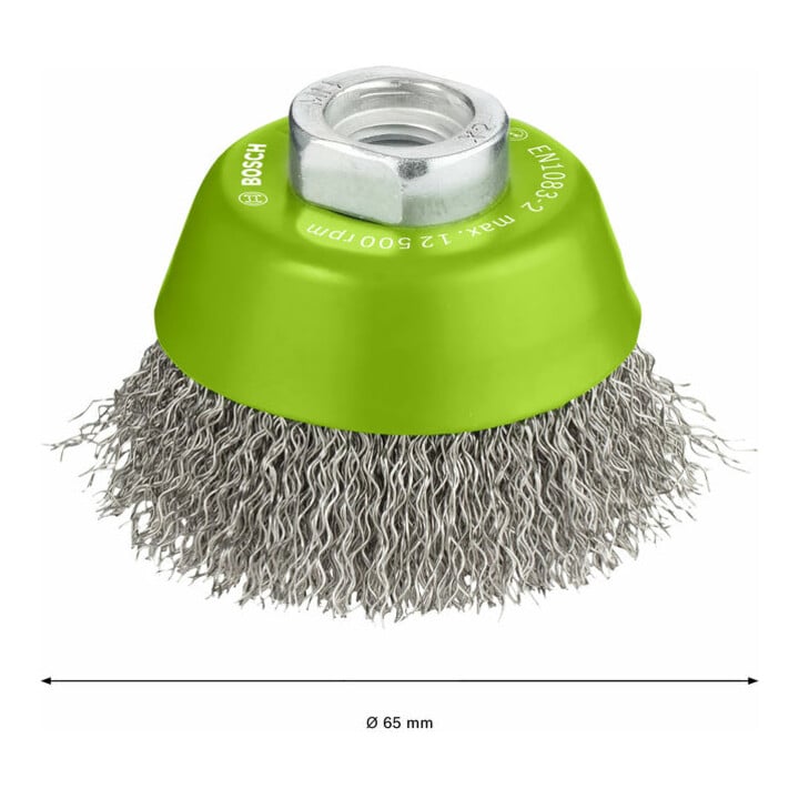 Brosse boisseau 65 mm à fils d'inox ondulés 65 mm, 0,3 mm, M14
