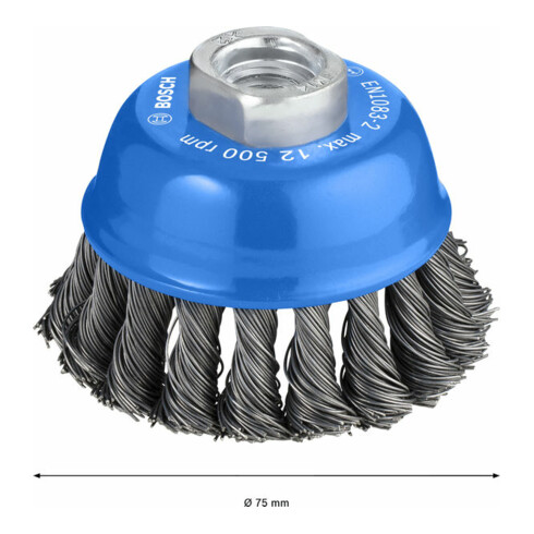 Brosse boisseau 75 mm à fils d'acier torsadés 75 mm, 0,5 mm, M14