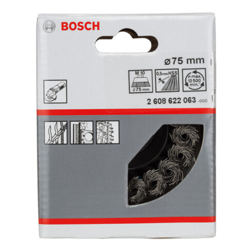 Brosse boisseau 75 mm à fils d'acier torsadés M10 75 mm, 0,5 mm, M10