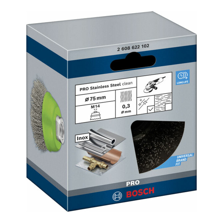 Brosse boisseau 75 mm à fils d'inox ondulés 75 mm, 0,3 mm, M14