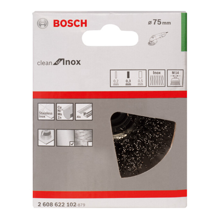 Brosse boisseau 75 mm à fils d'inox ondulés 75 mm, 0,3 mm, M14