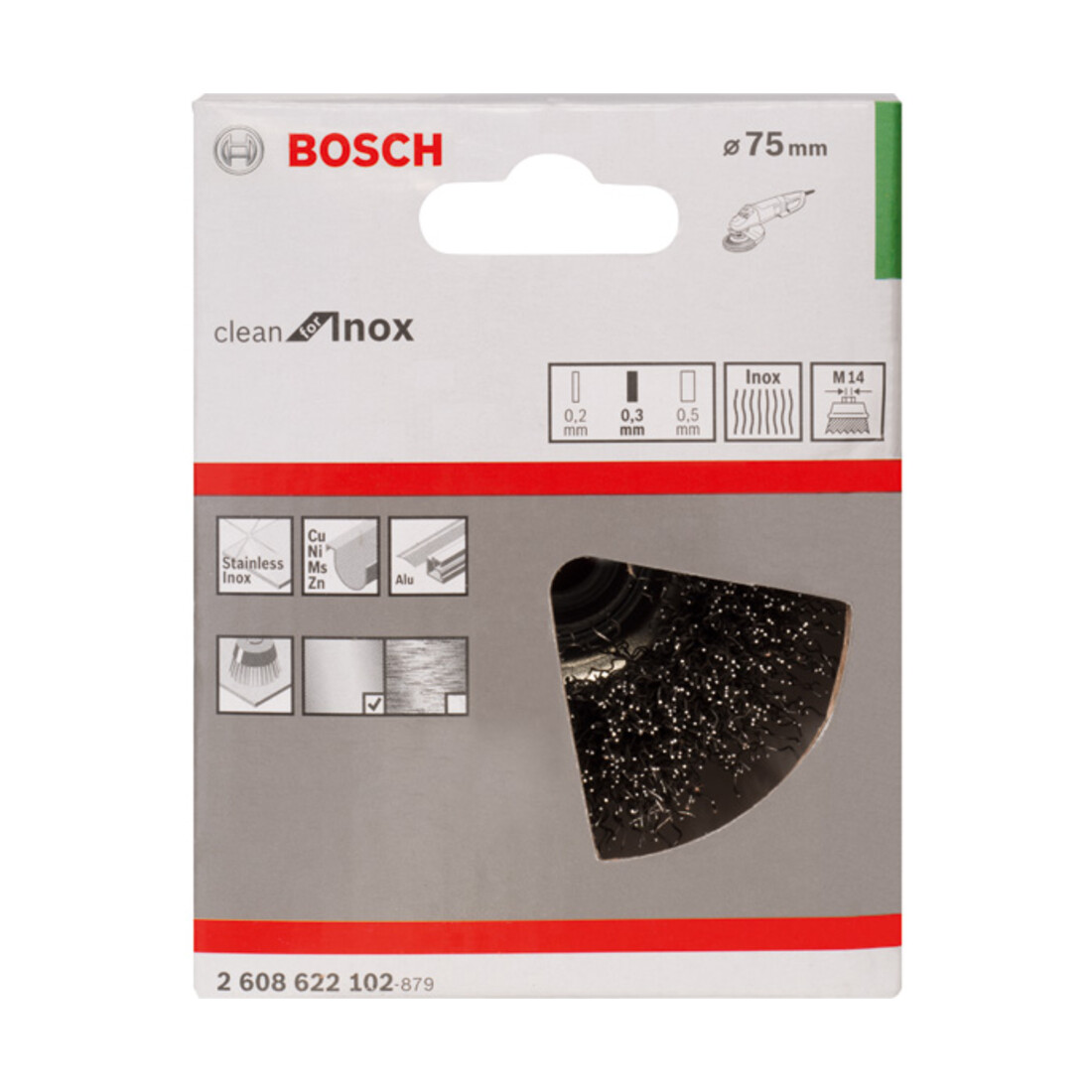 Brosse boisseau 75 mm à fils d'inox ondulés 75 mm, 0,3 mm, M14