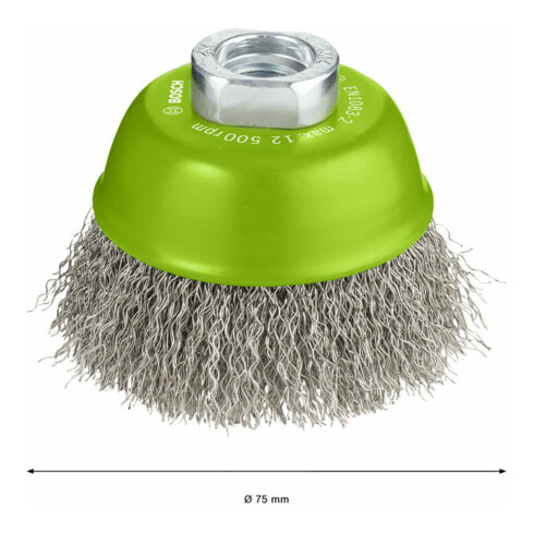 Brosse boisseau 75 mm à fils d'inox ondulés 75 mm, 0,3 mm, M14