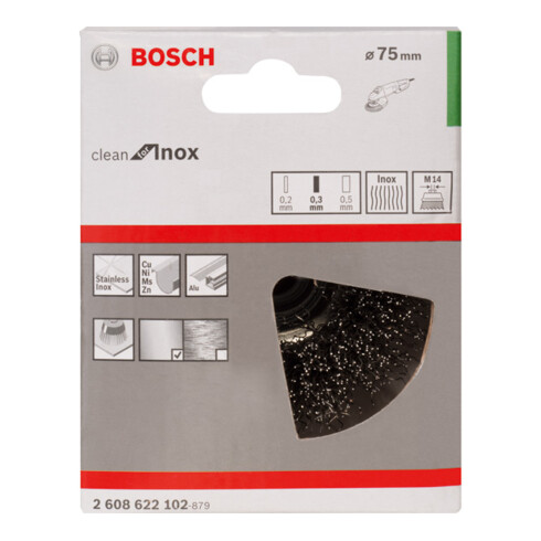 Brosse boisseau 75 mm à fils d'inox ondulés 75 mm, 0,3 mm, M14