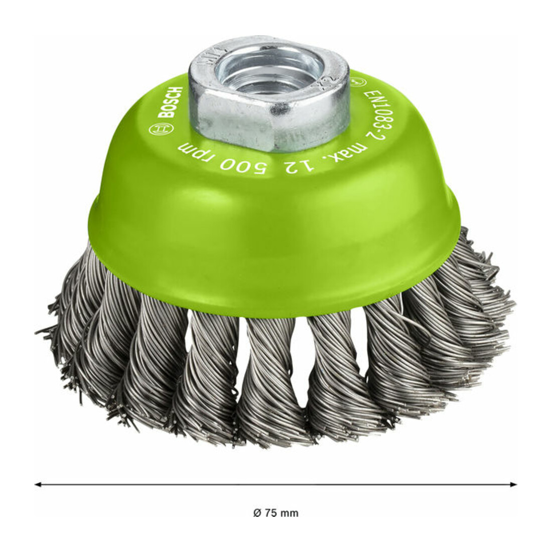 Brosse boisseau 75 mm à fils d'inox torsadés 75 mm, 0,5 mm, M14