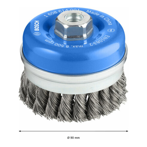 Brosse boisseau 90 mm à fils d'acier torsadés 90 mm, 0,5 mm, M14