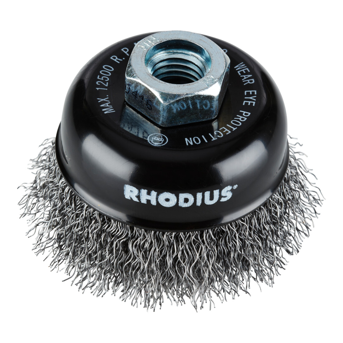 Brosse boisseau métallique Rhodius STBW avec fil d'acier ondulé pour utilisation sur meuleuses d'angle, 100 x 30 x M14 mm