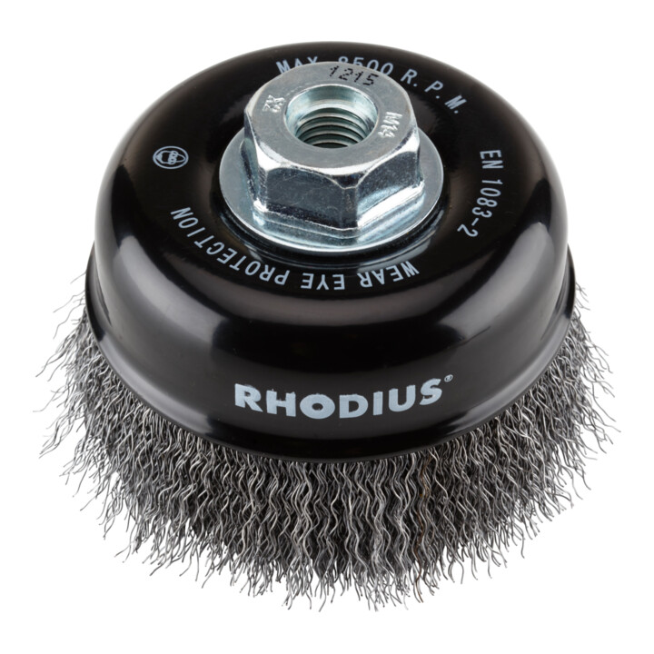 Brosse boisseau métallique Rhodius STBW avec fil d'acier ondulé pour utilisation sur meuleuses d'angle, 100 x 30 x M14 mm