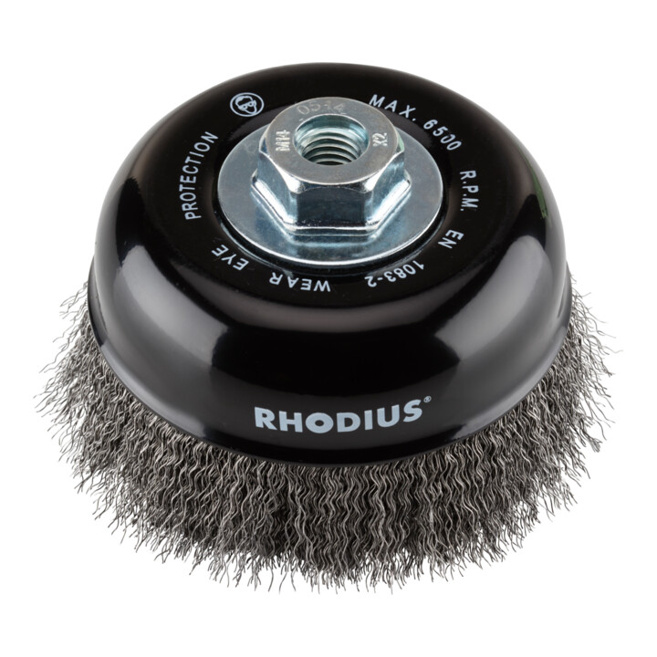 Brosse boisseau métallique Rhodius STBW avec fil d'acier ondulé pour utilisation sur meuleuses d'angle, 125 x 30 x M14 mm