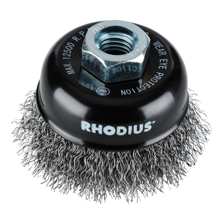 Brosse boisseau métallique Rhodius STBW avec fil d'acier ondulé pour utilisation sur meuleuses d'angle, 60 x 21 x M14 mm