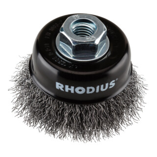 Brosse boisseau métallique Rhodius STBW avec fil d'acier ondulé pour utilisation sur meuleuses d'angle