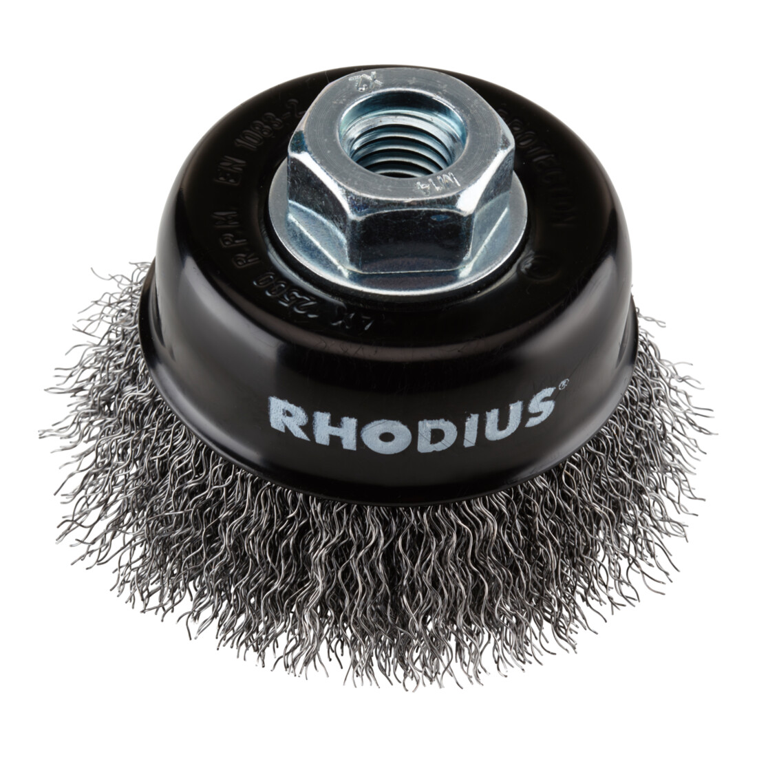 Brosse boisseau métallique Rhodius STBW avec fil d'acier ondulé pour utilisation sur meuleuses d'angle, 75 x 23 x M14 mm