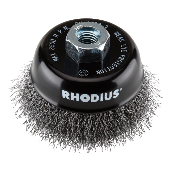 Brosse boisseau métallique Rhodius STBW avec fil d'acier ondulé pour utilisation sur meuleuses d'angle, 80 x 25 x M14 mm