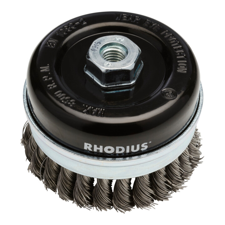 Brosse boisseau métallique Rhodius STBZ avec fil d'acier torsadé pour utilisation sur meuleuses d'angle, 100 x 20 x M14 mm