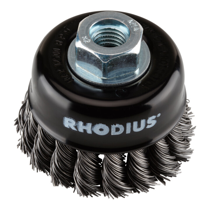 Brosse boisseau métallique Rhodius STBZ avec fil d'acier torsadé pour utilisation sur meuleuses d'angle, 65 x 20 x M14 mm