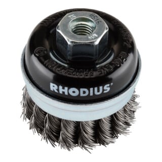 Brosse boisseau métallique Rhodius STBW avec fil d'acier ondulé pour utilisation sur meuleuses d'angle