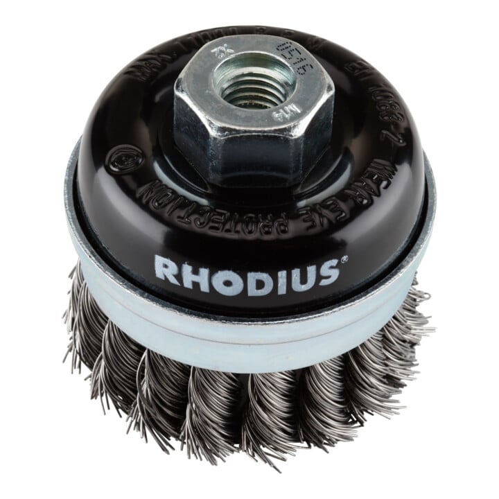 Brosse boisseau métallique Rhodius STBZ avec fil d'acier torsadé pour utilisation sur meuleuses d'angle, 75 x 20 x M14 mm