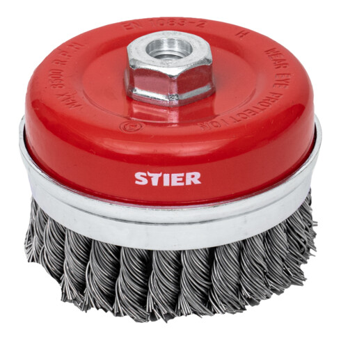 Brosse boisseau STIER Ø 100 mm STIER, M14, 0,8 mm, torsadée, acier