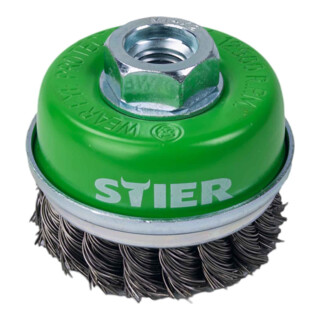 Brosse boisseau STIER Ø 65 mm, M14, 0,5 mm, torsadée, inox